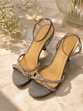 Grace Gray Satin Crystal-Strap Slingback Heels